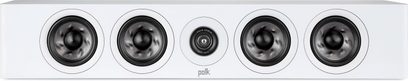 Polk Audio R350 vit centralhögtalare, 5 svarta runda högtalarelement på vit rektangulär frontpanel