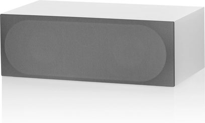 Bowers & Wilkins HTM72 S3 centrale luidspreker, zijwaarts gezien, langwerpige rechthoekige vorm, donkergrijze akoestische grill, satijnwit afgewerkt