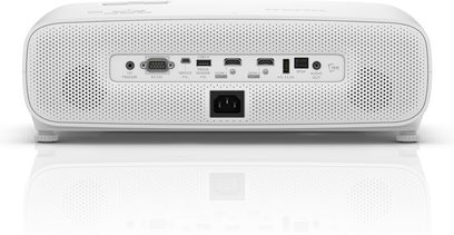 Benq TK850i hvid videoprojektor, set forfra, tilslutninger på bagsiden, højttalergitter på forsiden