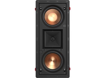 Caixa acústica embutida Klipsch PRO-25-RW LCR, vista frontal, dois alto-falantes circulares dourados em uma caixa retangular preta