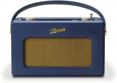 Roberts Revival iStream 3L Tischradio Frontansicht, rechteckiges Gehäuse aus Mitternachtsblau-Kunstleder, goldfarbene Metallfrontblende, passender Griff, cremefarbene Knöpfe und eingezogene Teleskopantenne