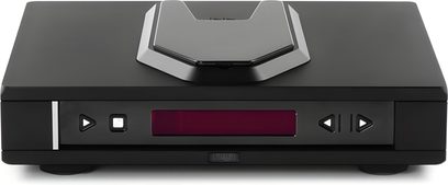Rega Isis CDP schwarzer CD-Player, Frontansicht, rote Anzeige, hexagonale Front, silberne Knöpfe und CD-Schublade