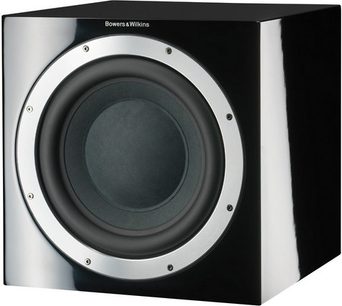 Subwoofer Bowers & Wilkins ASW10CM černý, pohled zepředu, krychlový tvar, centrální kruhový stříbrný reproduktor