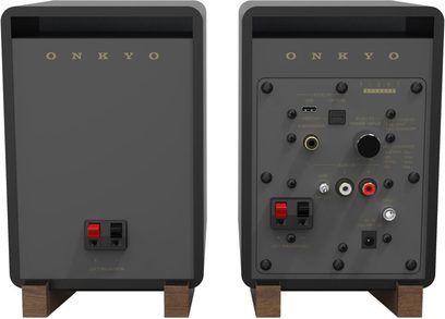 Onkyo GX-10DB kablosuz bağlı hoparlör siyah, 2 ünitenin arka görünümü, bağlantılar ve terminaller görünür, dikdörtgen ahşap tabanlar
