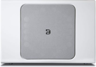 Bluesound PULSE SUB+ matte white subwoofer, front view, rounded rectangular shape, perforated metal grille covering the front face, centered "B" logo