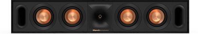Klipsch R-30C black center speaker, 4 circular copper speakers, 1 black rectangular, front view