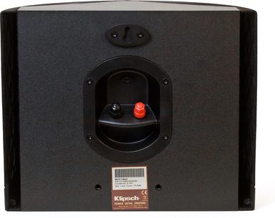 Klipsch RS-42 MkII sort højttaler, tæt forfra, med røde og sorte højttalerenheder synlige bag gitteret