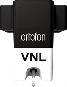 Schwarze und weiße Ortofon VNL TRIX DJ-Tonabnehmerzelle aus Kunststoff, Frontansicht, rechteckiges Gehäuse mit sichtbarer Nadel