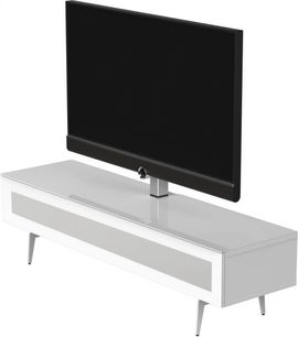 Móvel para áudio e vídeo Sonorous STA361 branco brilhante em MDF lacado, com frente cinza e quatro pés metálicos afilados, visto de três quartos à esquerda