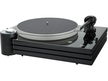 Tocadiscos de alta fidelidad Music Hall MMF 9.3 negro, vista superior 3/4 frontal derecha, plato giratorio redondo, brazo de lectura, acabado en negro