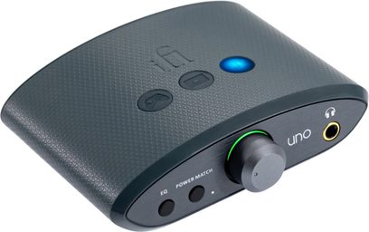 Аудіоперетворювач DAC iFi Audio Uno чорного кольору, вид зверху, овальна форма, кнопки, роз'єм для навушників та синій світлодіодний індикатор