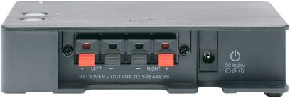 Soundcast SurroundCast SCS-200 trådløs sender, sort, set forfra, med knapper, indikatorlamper og stik