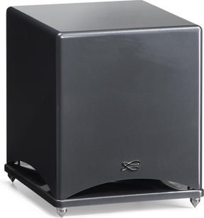 Subwoofer Cabasse Santorin 30i perle noir, pohled zepředu, krychlový tvar, lesklý černý materiál, stříbrné logo ve tvaru X