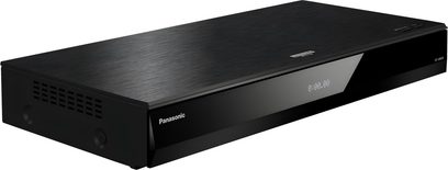 Leitor de Blu-ray 4K Panasonic DP-UB820EFK preto, vista frontal em ângulo levemente superior, display digital na parte frontal