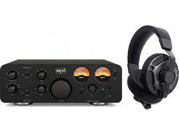 Amplificator de căști SPL Phonitor xe negru cu vumetre analogice și căști circumaurale negre