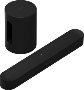 Sort Sonos Beam (2. gen.) lydbjælke og Sub Mini basrør, set forfra og fra siden på hvid baggrund