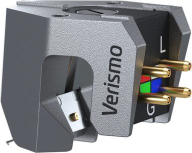 Ortofon MC VERISMO pladespiller pickup, perspektivvisning, gråt hus, 4 forgyldte stik, inskription "Verismo"