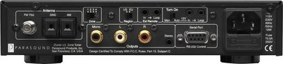 Parasound Ztuner v2 sort tuner, frontpanel, forfra. Tilslutninger, knapper og display. FCC- og CE-certificeret