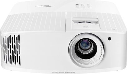 Optoma UHD30 hvid videoprojektor, set forfra og oppefra, centreret linse, siddeventilationsriste