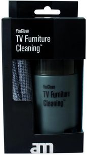 YouClean TV-møbelrens i sort flaske med gråt låg og sort etiket, vist i sin sorte papemballage