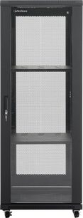 Zwarte Norstone Pro Rack 32U audiovisuele kast met geperforeerde voordeur, sleutelslot, wieltjes en zichtbare interne planken