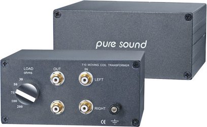 Puresound T10 Moving Coil grå forstærker med forgyldte knapper og stik, set forfra