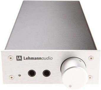 Předzesilovač sluchátek Lehmann Audio Linear stříbrný, pohled zepředu, stříbrný kovový kryt, 2 otočné knoflíky, 2 jack konektory