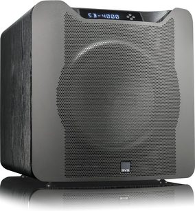 SVS SB-4000 sort lakeret baskabin, set forfra, sort perforeret gitter, blå LED-display, kubisk form