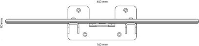 Q acoustics QA2130 højttalerfod i metal, set ovenfra med dimensioner i millimeter, 450 mm lang og 160 mm bred