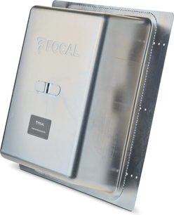 Rectangular metal enclosure by Focal for in-wall speaker, front panel engraved with "FOCAL", circular opening on top