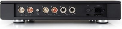 Rega Aura MC black phono preamp, front panel with 7 silver rotary knobs and 2 jack inputs, front view