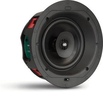 Indbygget lofthøjtaler PSB CS610 i sort, i plast og metal, 3/4-visning, centralt diskanthorn, røde skruer og beslag