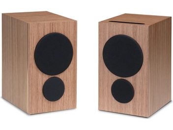 Paire d’enceintes PSB iQ2 noyer, caissons rectangulaires à veinage bois et grilles rondes noires, vue trois quarts