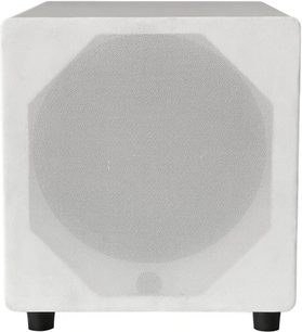 Velodyne Impact X10 witte matte subwoofer, vooraanzicht, afgeronde kubieke vorm, getextureerd wit korrelig oppervlak