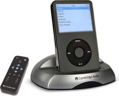 Cambridge Audio iD10 metalgrå dockingstation med LCD-skærm, drejeknap, sort fjernbetjening til iPod