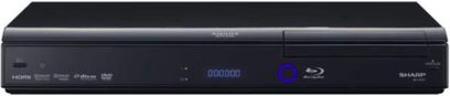 Sharp BD-HP21S 4K Blu-ray-afspiller set forfra, sort, blank front, blåt display, diskskuffe