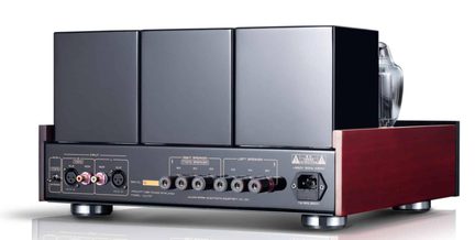 Amplificatore a valvole, chassis in metallo nero e fianchi in legno rosso, vista posteriore 3/4, morsetti per diffusori, RCA/XLR, presa IEC