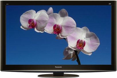 Panasonic TX-P50VT20 televizorius, rodantis šviesiai rožinės spalvos orchidėjos šakelę su trimis žiedais ant tamsiai mėlyno fono