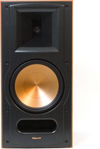 Klipsch RB-81 MkII sort bogreolhøjttaler, set forfra, gylden centralhøjttaler, sort diskant, rektangulært mat sort kabinet