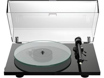 Hi-fi pladespiller Pro-Ject T2 med gennemsigtig glaspladetallerken, sort tonearm, sort højglans sokkel og gennemsigtigt åbent låg