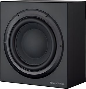Subwoofer Bowers & Wilkins CT SW15 černý, pohled zepředu, válcový tvar, centrální kruhový reproduktor