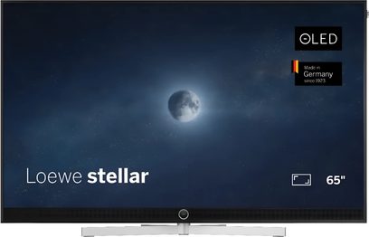 Televisor Loewe Stellar 65 DR+ preto, ecrã plano de 65 polegadas em pé prateado, vista frontal
