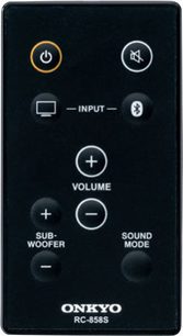 Sort Onkyo RC-855S fjernbetjening med knapper til at styre lydstyrke, indgang, lyd og subwoofer, set forfra