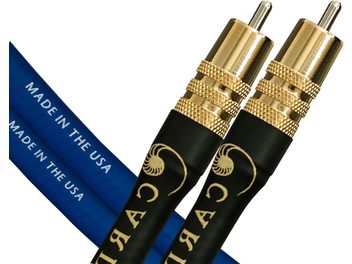 Cardas Clear Cygnus 1.5m analog RCA audio cable, gold-plated RCA connectors, black jacket, blue "Made in the USA" brochure