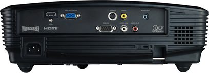 Optoma EW533ST-videoprojektor, set forfra, sort, med HDMI-, VGA- og audio-tilslutninger, kontrolknapper på toppen