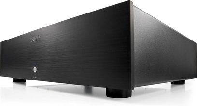Condizionatore di rete Inakustik AC-4500 nero con superficie testurizzata, spia luminosa blu, pulsante circolare e piedini cilindrici