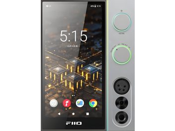 FiiO R9 nettverksspiller i sølvgrå aluminium, nærbilde forfra som viser den svarte berøringsskjermen, volumhjulet med grønn LED-ring og de stablede hodetelefonutgangene