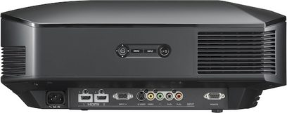 Sony VPL-HW15 sort videoprojektor, set forfra, tilslutningsporte på bagsiden, knapper og indikatorer på toppen