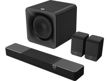 Barra sonora Klipsch Flexus Core 100 nera con subwoofer Sub 100 cubico e due diffusori surround Surr 100 compatti