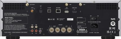 Vista posteriore di un amplificatore hi-fi integrato stereo Rotel RAS-5000 con connettori audio, porte USB, HDMI, rete, interruttore